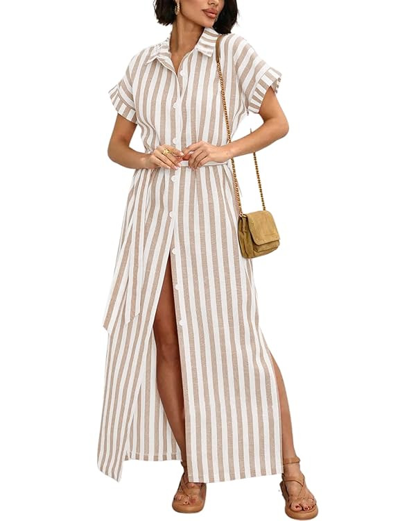chouyatou Women's Summer Short Sleeve Striped Shirt Dress Beach Maxi Long Belted Casual Button Do... | Amazon (US)