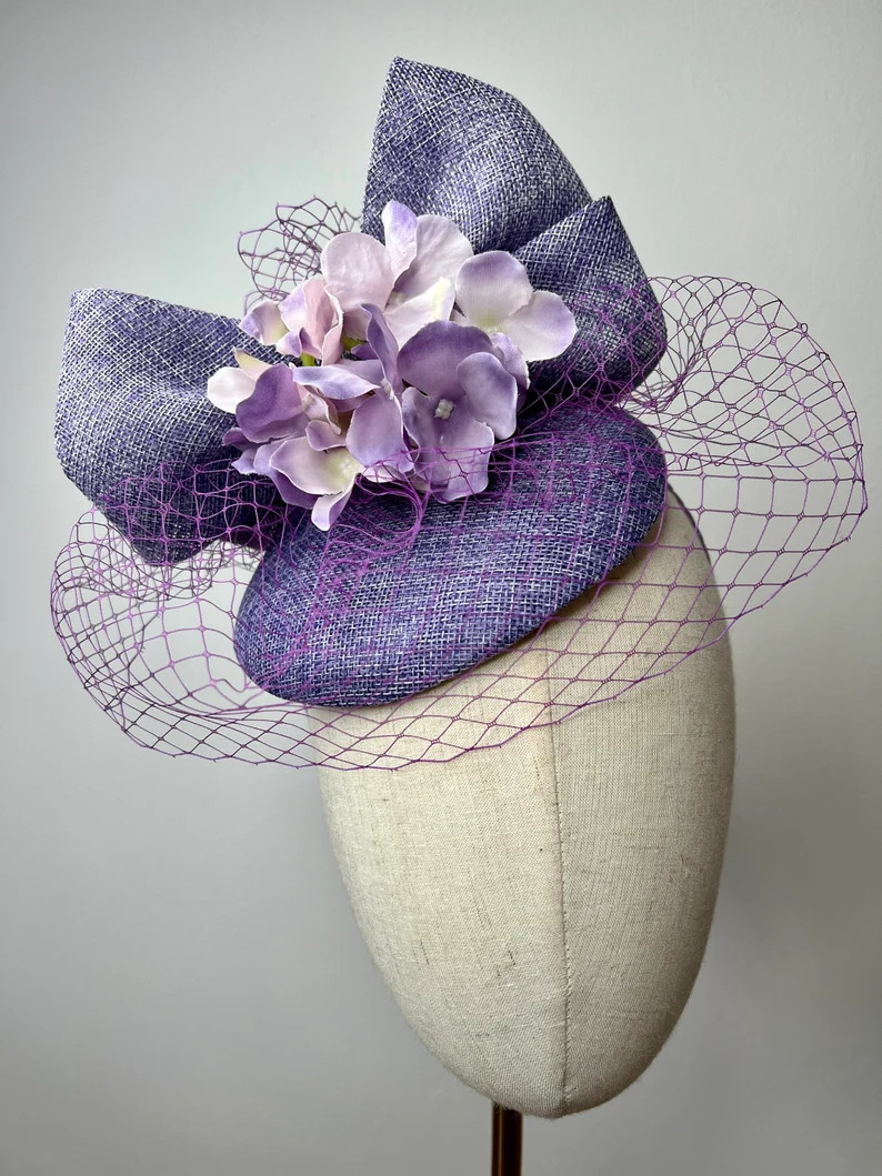 Purple Round Sinamay Fascinator With Bow and Birdcage Veil Wedding Races Ascot Fascinator Kittyma... | Etsy (US)