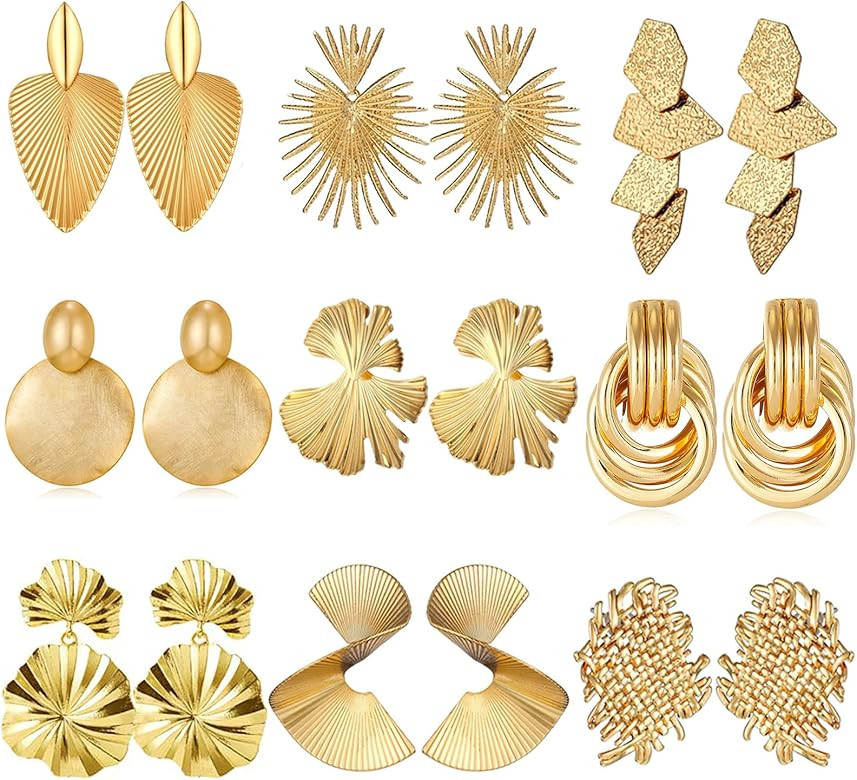 9 Pair Gold Earrings for Women Large Gold Disc Flower Woven Twisted Leaf Earring Statement Geomet... | Amazon (US)