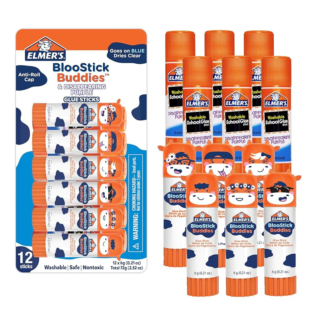 Elmer's Glue Sticks Combo Pack, BlooStick Buddies and Disappearing Purple Glue Sticks, 6g, 12 Cou... | Amazon (US)