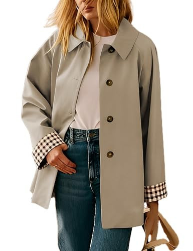 Dqbeng Womens Trench Coat Oversized Button Up Jacket Plaid Lined Classic Outerwear with Pockets (LightBeige-XS) | Amazon (US)