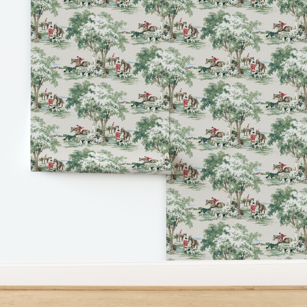 Wallpaper in Hunt scene in Muted Red on Tan | Spoonflower