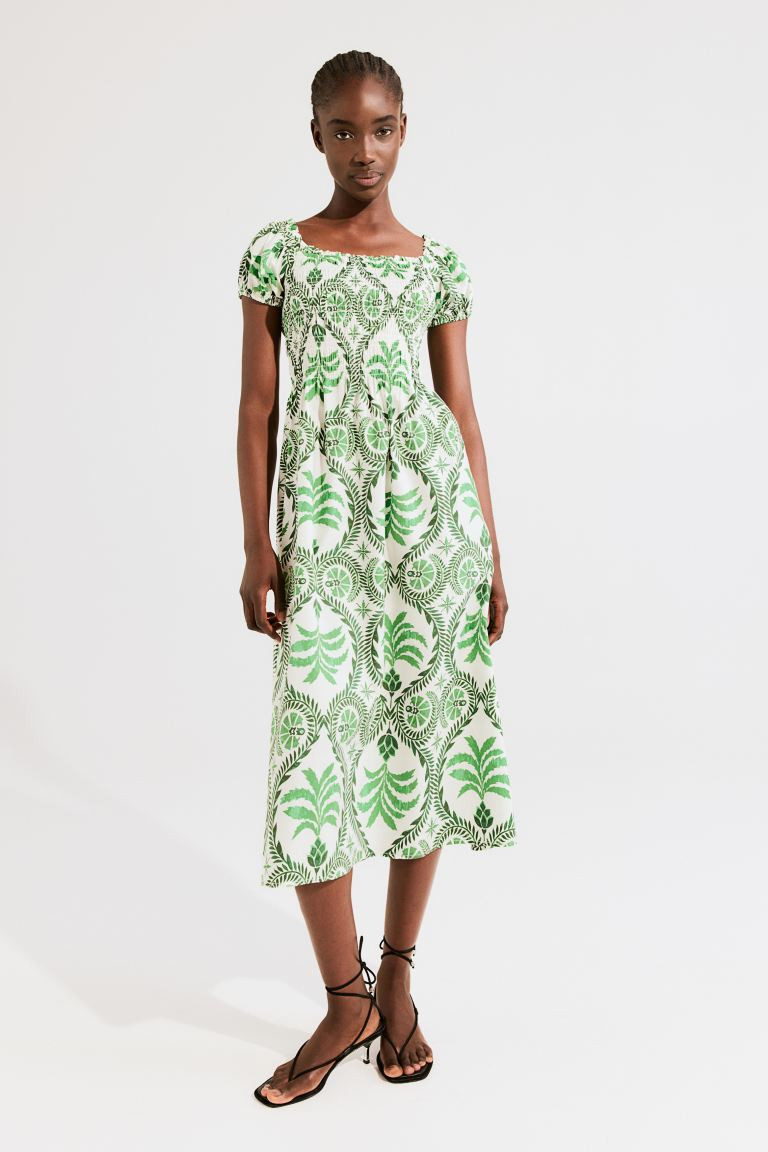 Off-the-shoulder Poplin Dress - Short sleeve - Midi - Green/patterned - Ladies | H&M US | H&M (US + CA)