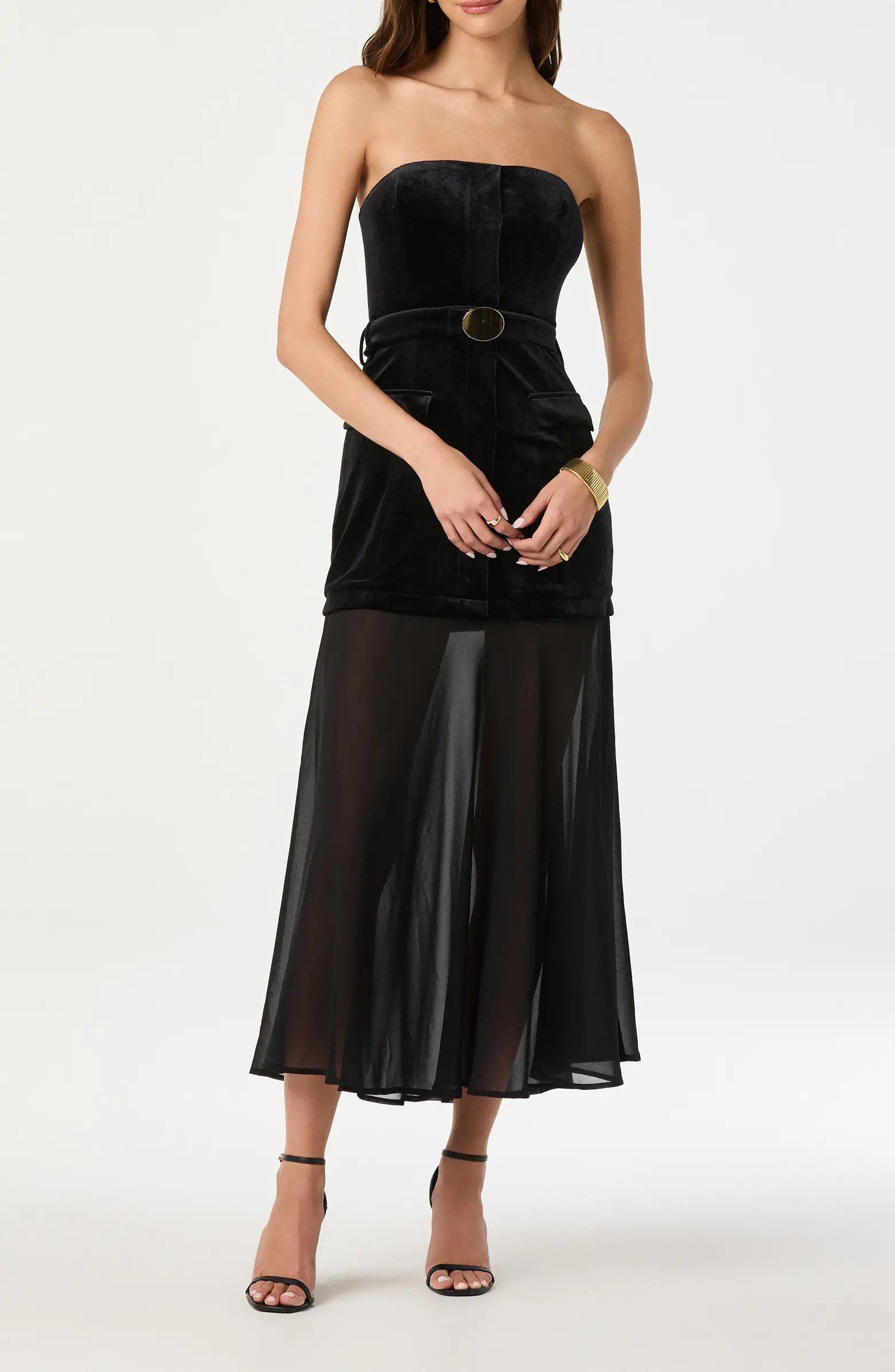 ASTR the Label Strapless Belted Semisheer Velvet Midi Dress | Nordstrom | Nordstrom