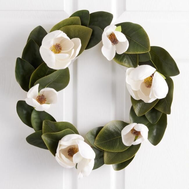 Faux Magnolia Flowers And Leaves Wreath | World Market