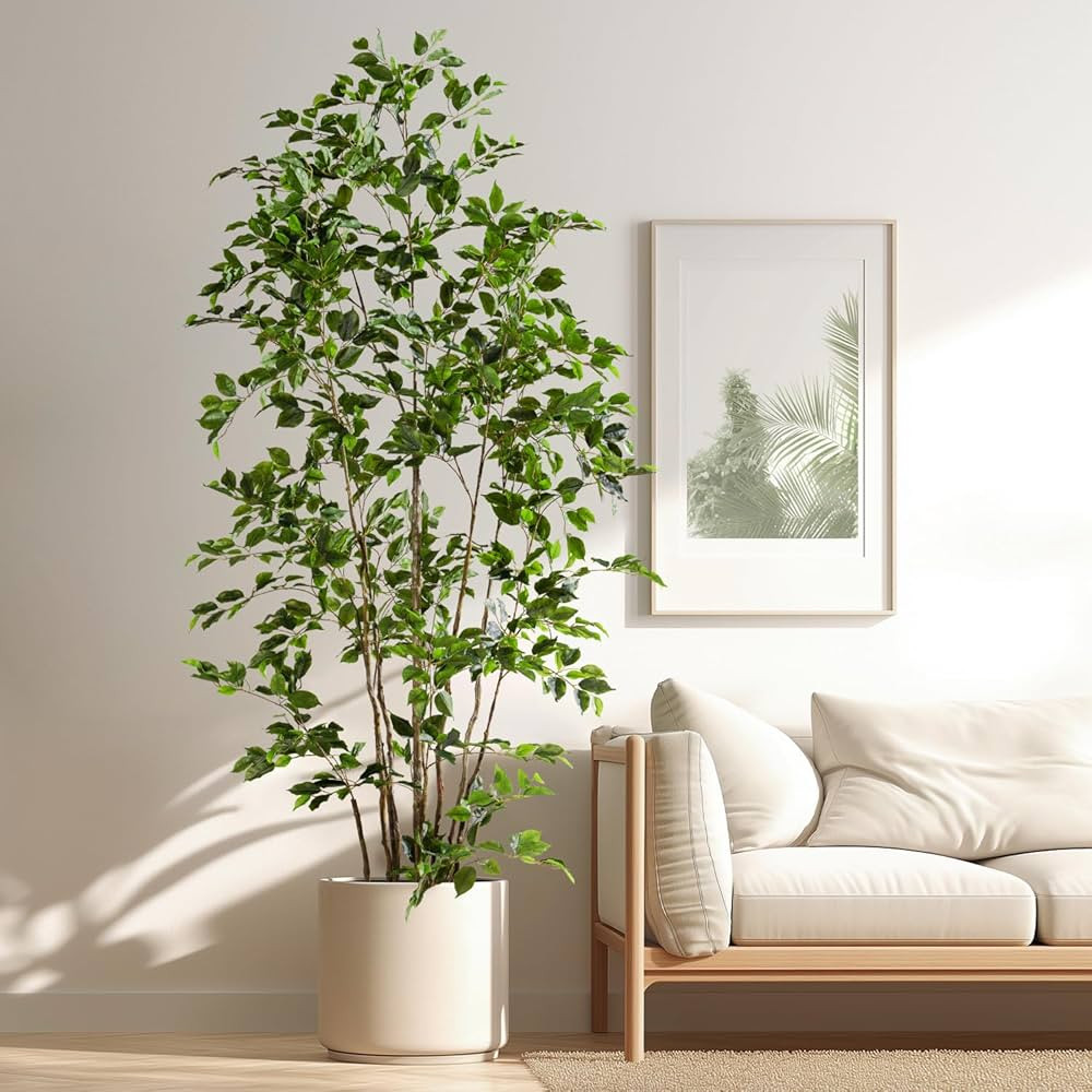 Artificial Ficus Tree Indoor 8ft, Large Potted Faux Tree with Realistic Silk Leaves & Trunk for H... | Amazon (US)