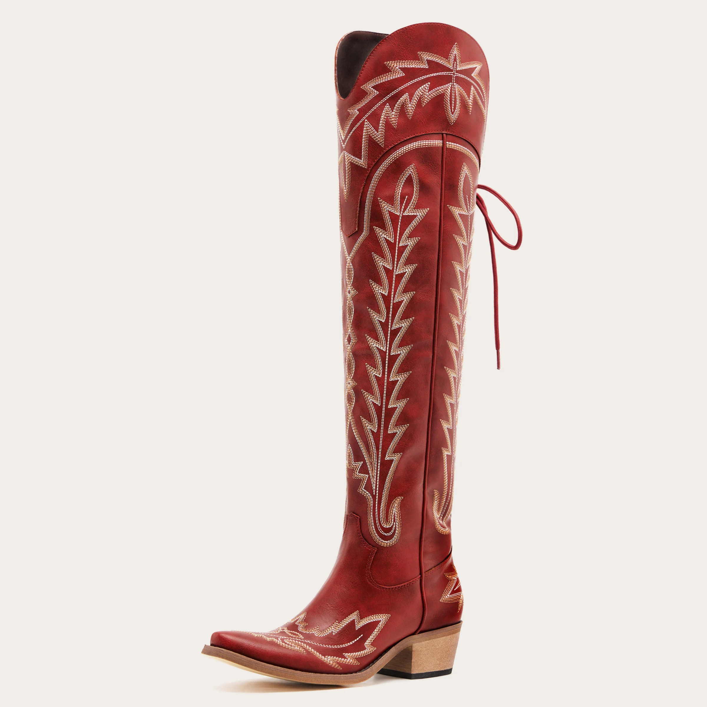 Ross | Women's Red Embroidered Lace-up Back Over the Knee Cowgirl Boots | REDTOP