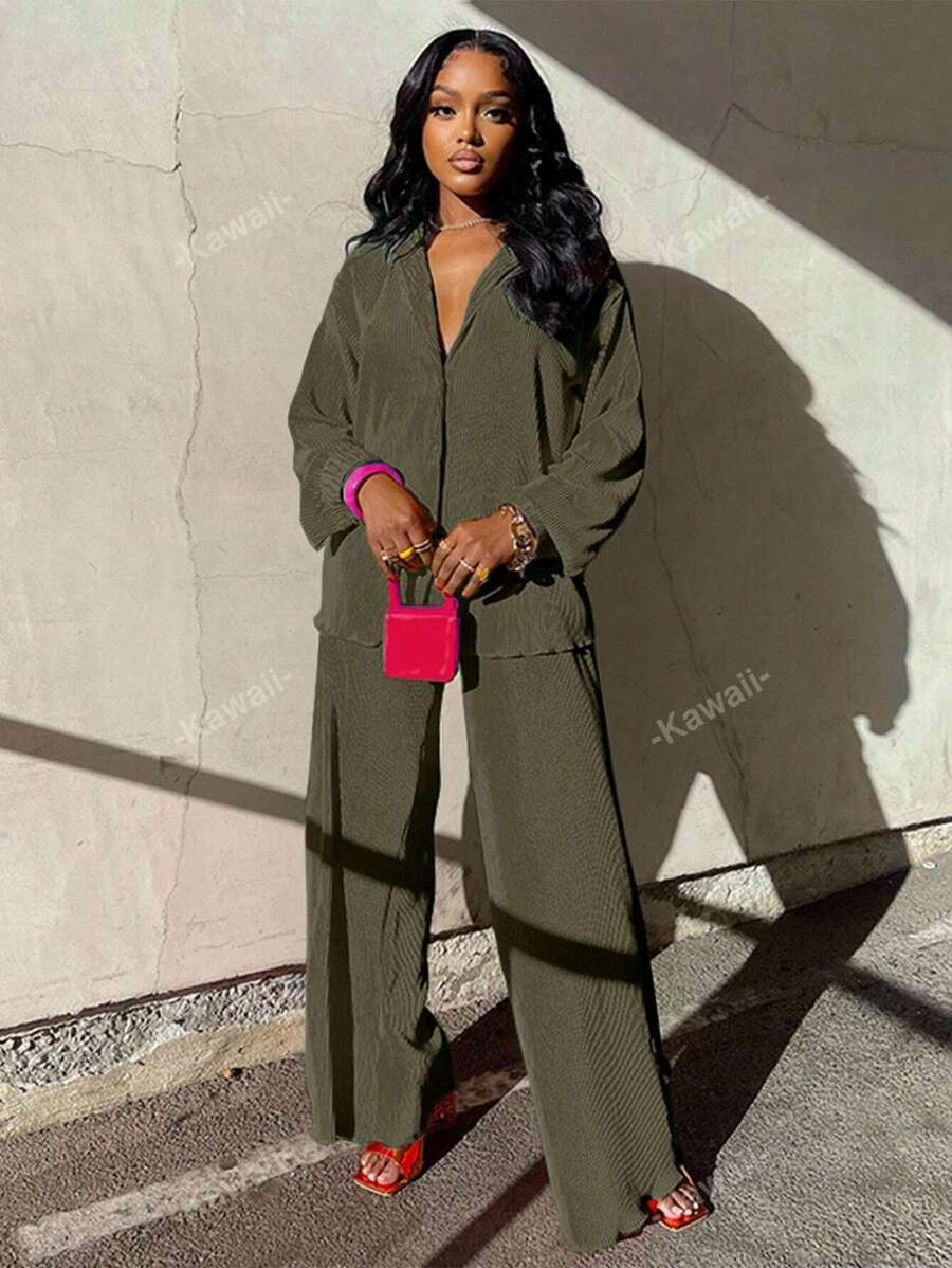2pcs Women's Fashion Casual Pleated Shirt And Wide Leg Pants Set | SHEIN