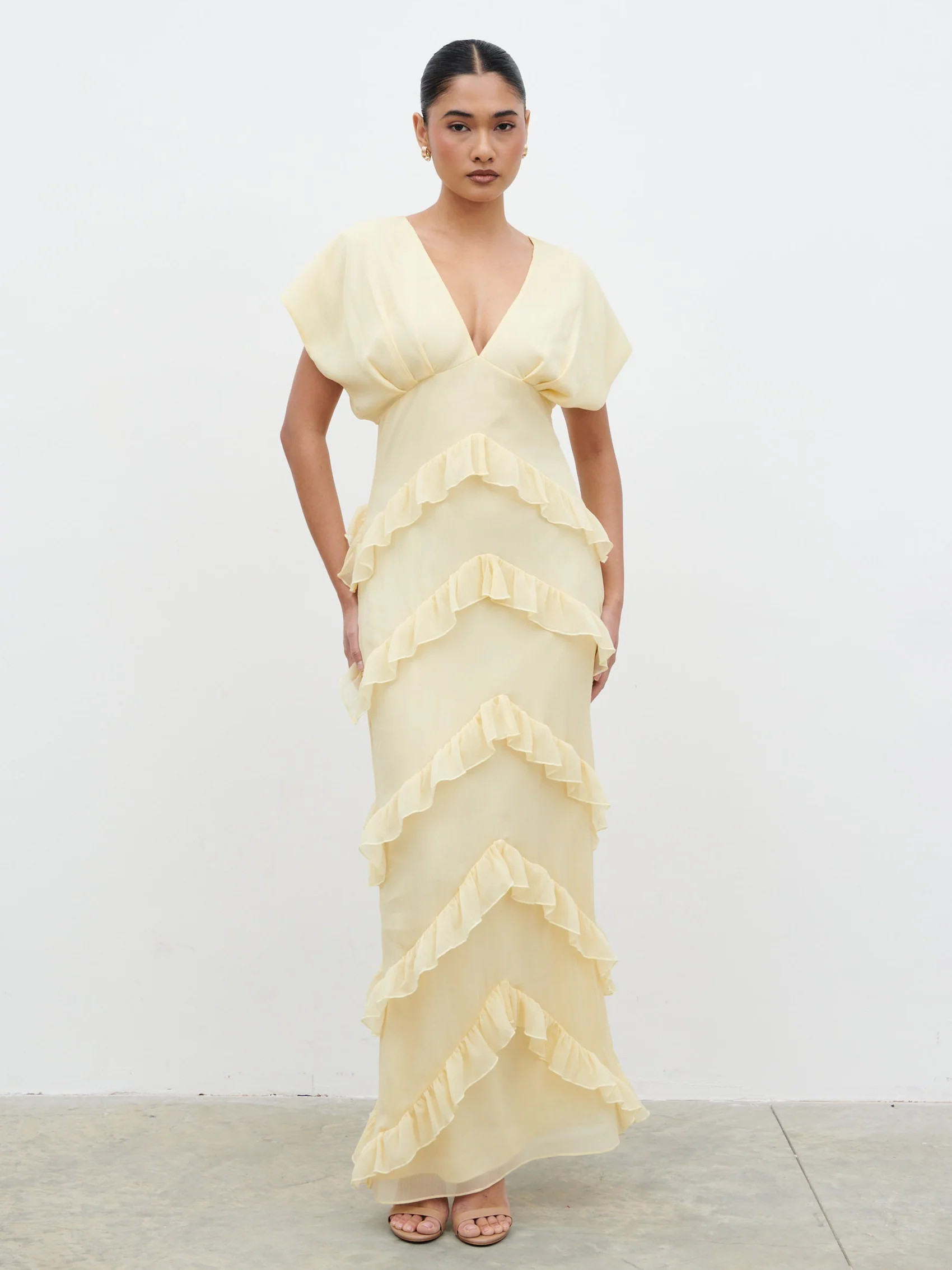 Tamsin Ruffle Chiffon Maxi Dress - Lemon | Pretty Lavish (UK)