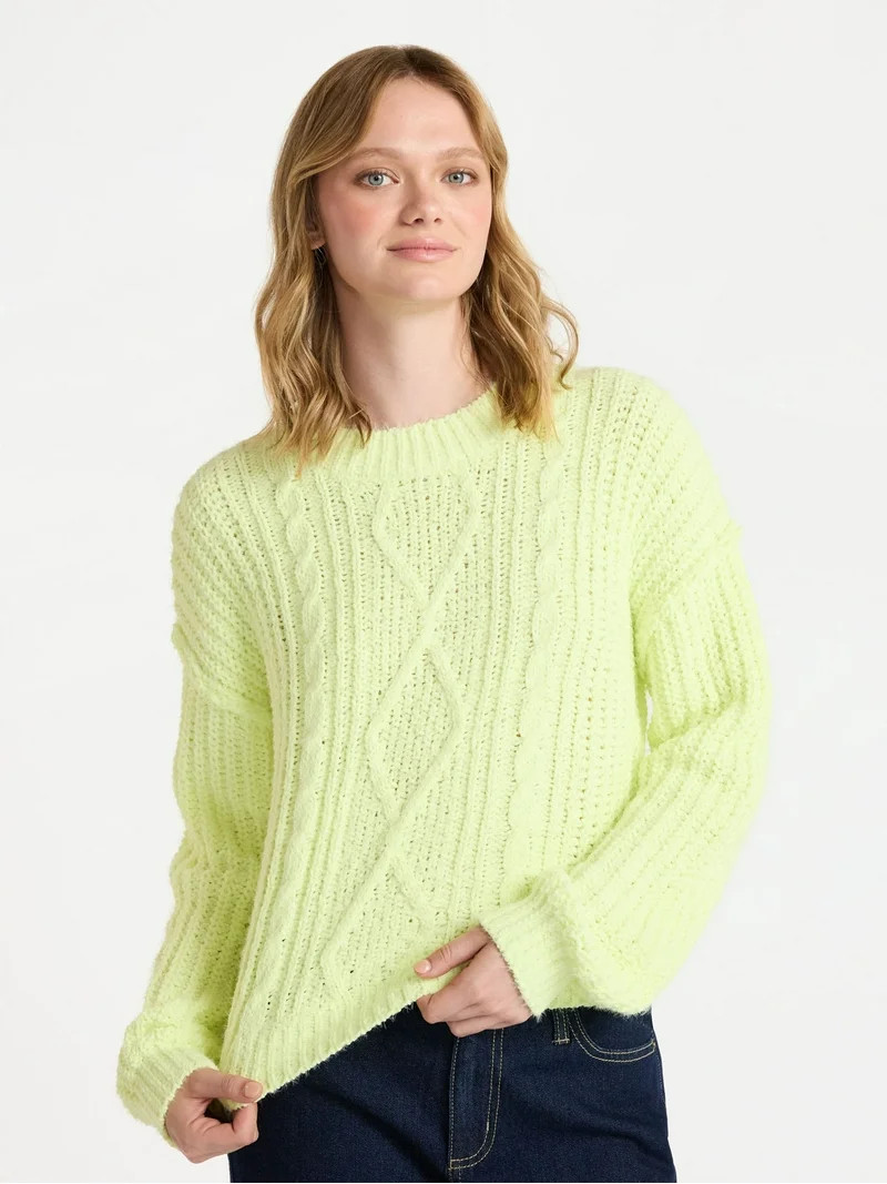 No Boundaries Cable Knit Sweater, Midweight, Women's | Walmart (US)