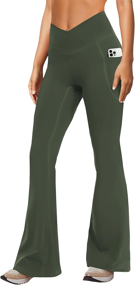 Women's Yoga Pants with Pockets No Front Seam Crossover High Waisted Flare Leggings Tummy Control... | Amazon (US)