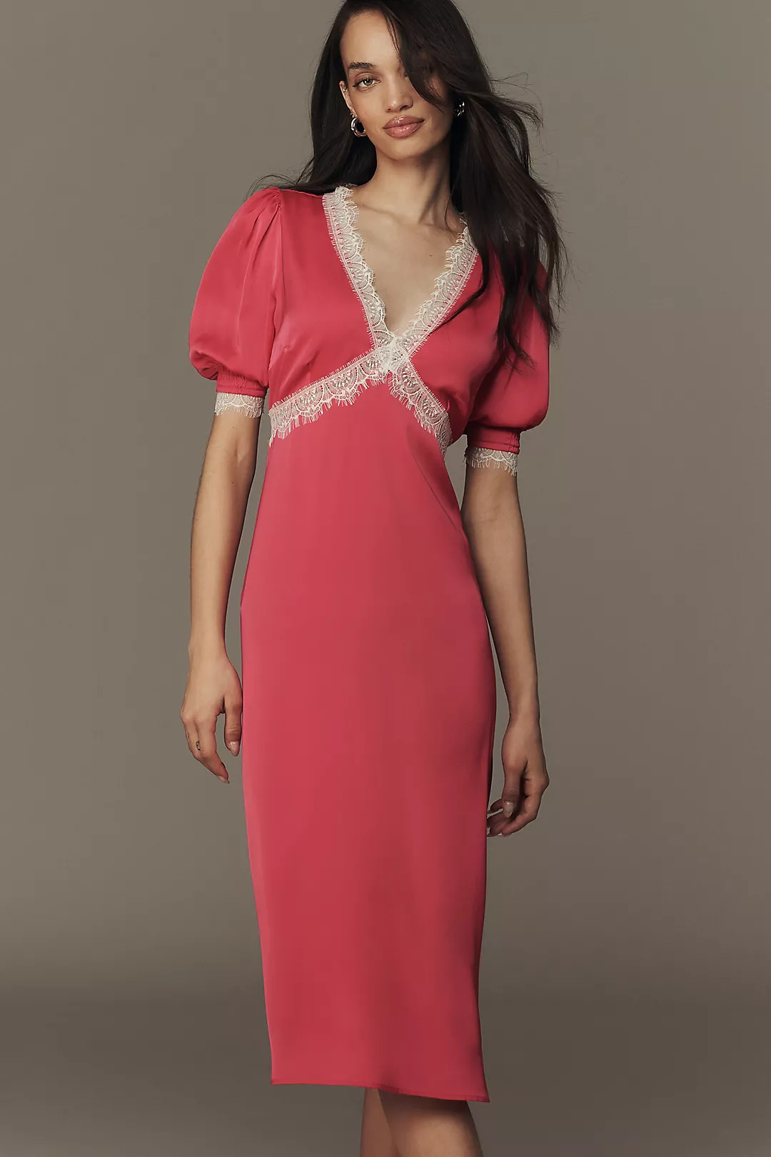 By Anthropologie V-Neck Lace Trim Midi Dress | Anthropologie (US)