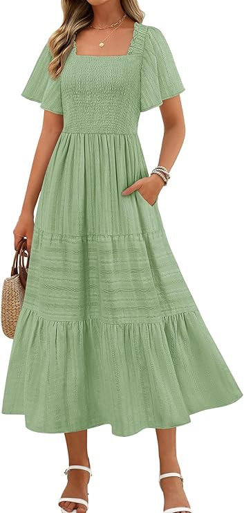MEROKEETY Women's 2026 Summer Flowy Midi Maxi Dress Short Sleeve Square Neck Smocked Tiered Ruffl... | Amazon (US)