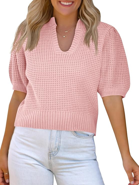 Saodimallsu Womens Puff Short Sleeve Sweater Top Waffle Knit V Neck Spring Summer Cropped Trendy ... | Amazon (US)