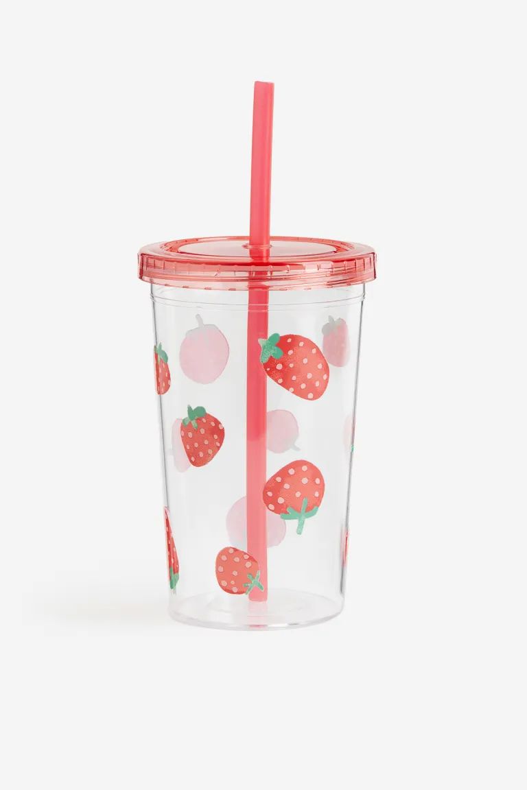 Patterned Plastic Mug with Straw - Red/strawberries - Home All | H&M US | H&M (US + CA)