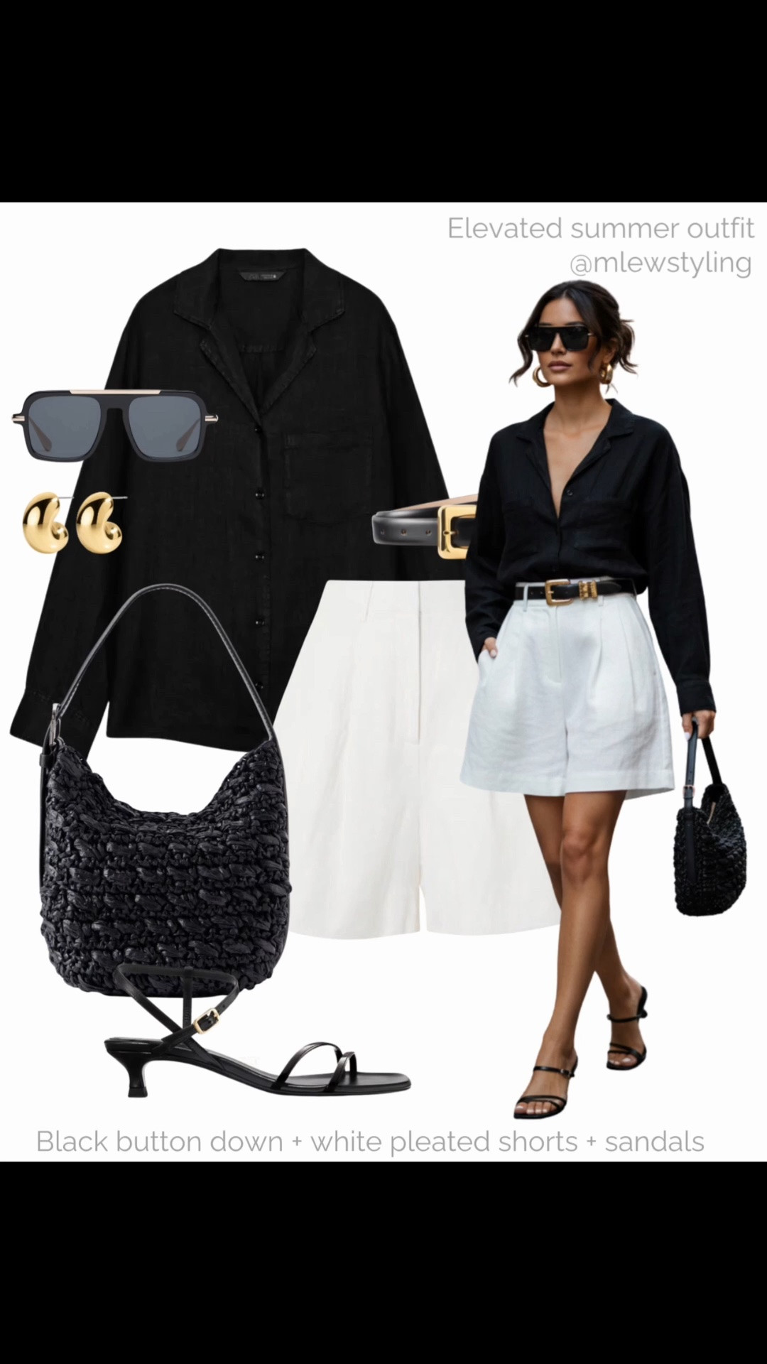 Elevated summer outfit with a black button down and white pleated shorts ✨

Tags: neutral outfit formula, posse shorts, Zara linen top, kitten heel sandals, black raffia bag, past midnight sunglasses, old money style, capsule wardrobe

#LTKsummer #LTKshoes #LTKstyletip