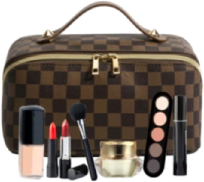 WISAGI Makeup Bag, Checkered Makeup Bag, Cosmetic Bag for Women, Large Capacity PU Leather Travel... | Amazon (US)