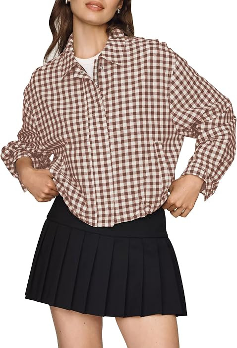 Womens Plaid Gingham Cropped Jacket Stand Collar Zipup Drawstring Coat | Amazon (US)