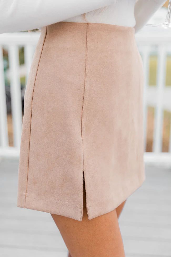CAITLIN COVINGTON X PINK LILY The Ella Side Slit Tan Suede Skirt | The Pink Lily Boutique