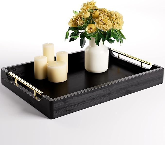 Black Coffee Table Tray 16.5" x 12" - Real Wood Ottoman Tray for Living Room with Gold Metal Hand... | Amazon (US)