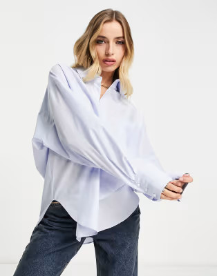 ASOS DESIGN relaxed dad shirt with dipped hem in chambray blue | ASOS | ASOS (Global)