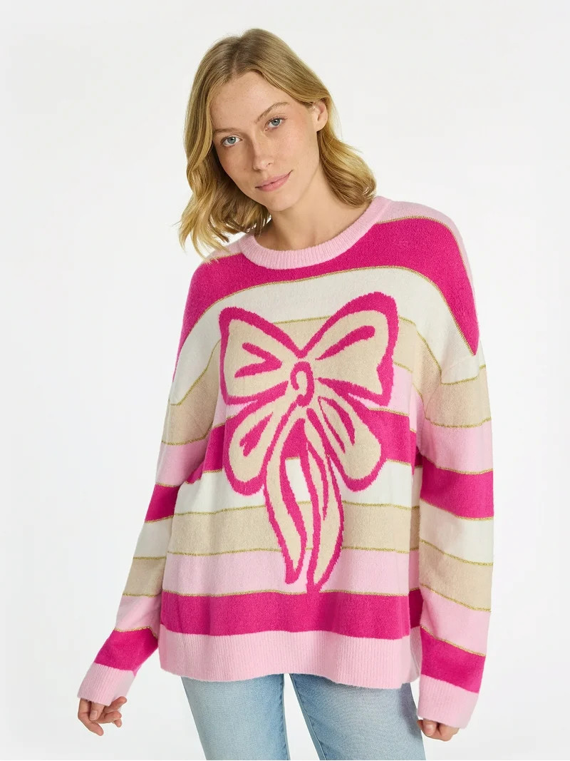 99 Jane Street Women's and Women's Plus Striped Sweater with Bow Design, Midweight, Sizes XS-4X | Walmart (US)