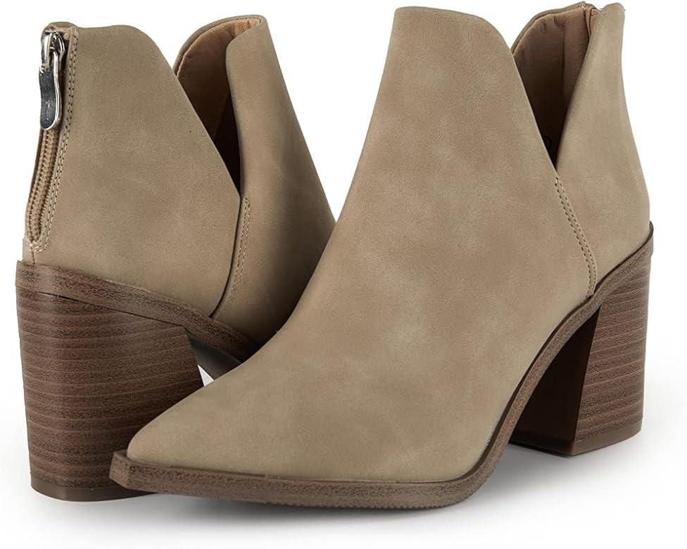 FISACE Womens Pointed Toe Stacked Mid Heel Ankle Boots V Cut Back Zipper Faux Leather Booties | Amazon (US)
