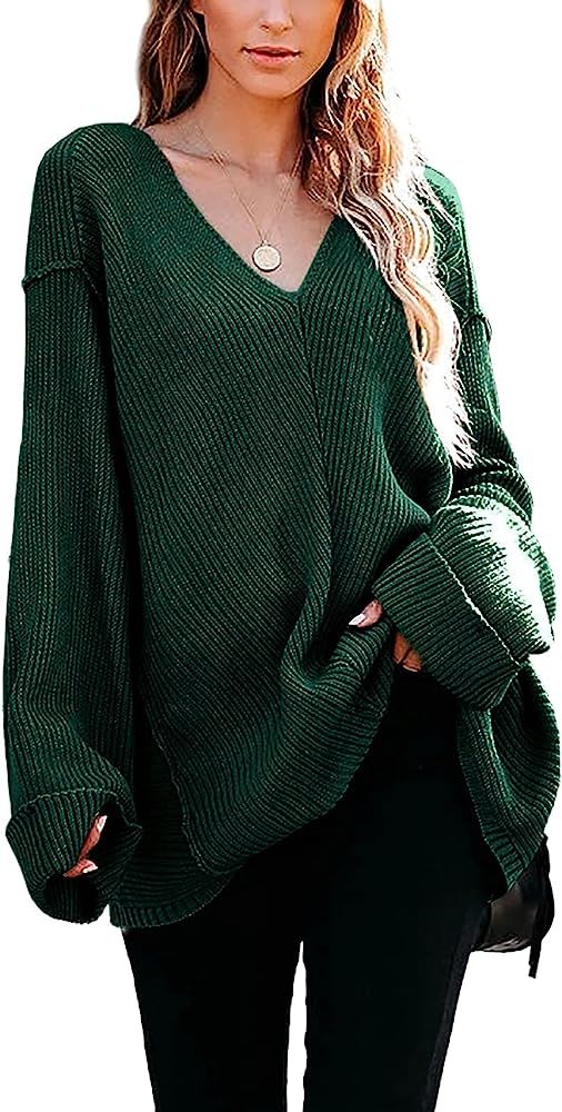 Womens Tunic Sweater V Neck Off Shoulder Oversized Sweaters Loose Knit Long Sleeve Casual Jumper ... | Amazon (US)