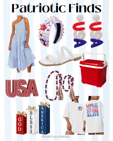 Patriotic finds 🇺🇸 

Memorial Day, 4th of July, patriotic clothing, red white and blue theme, blue striped dress. Red igloo cooler, USA earrings, God bless America decor, white braided sandals 