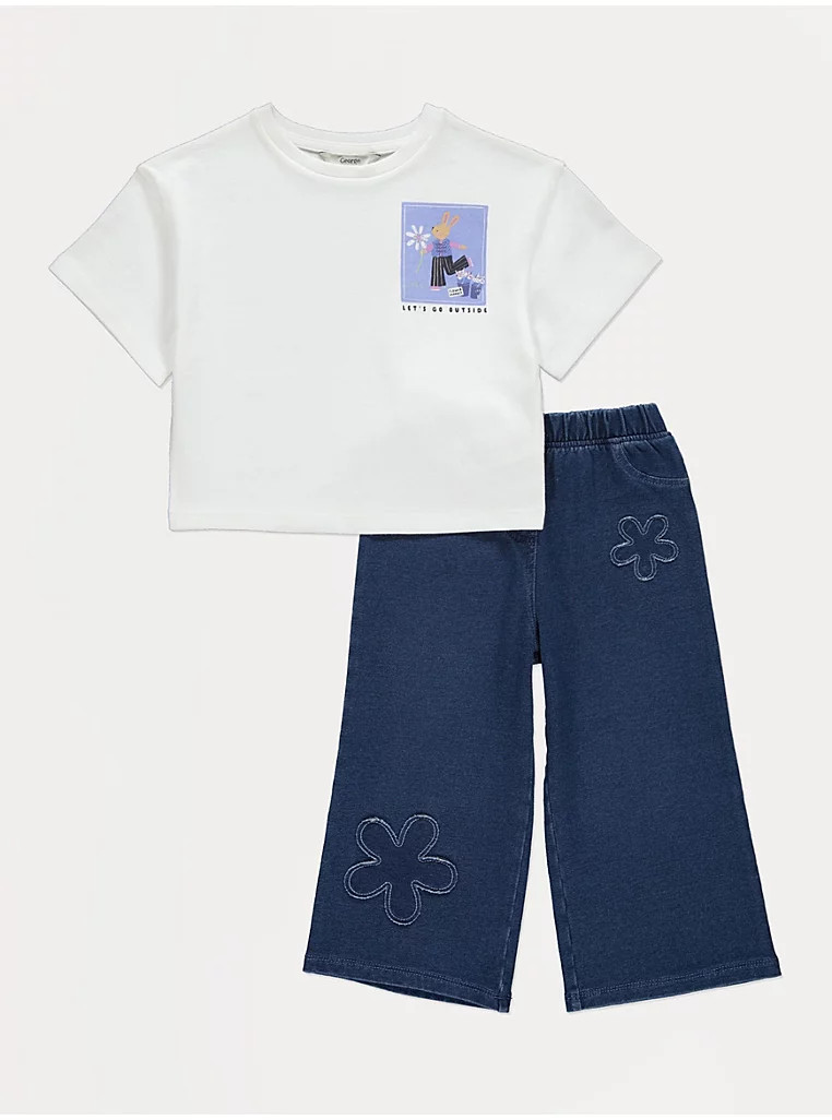 Let's Go Outside Back Print Rabbit Top and Flower Jeans Outfit | George