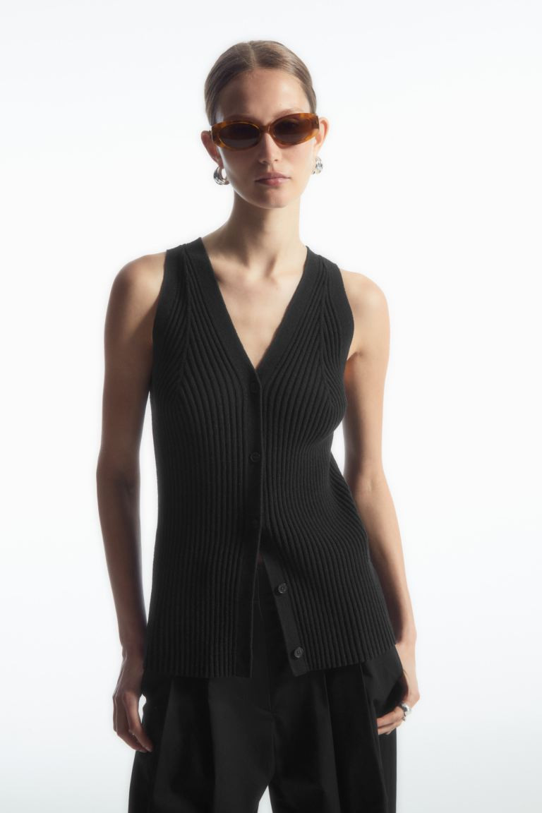 RIB-KNIT V-NECK WAISTCOAT - V-neck - Sleeveless - BLACK - Ladies | H&M GB | H&M (UK, MY, IN, SG, PH, TW, HK)