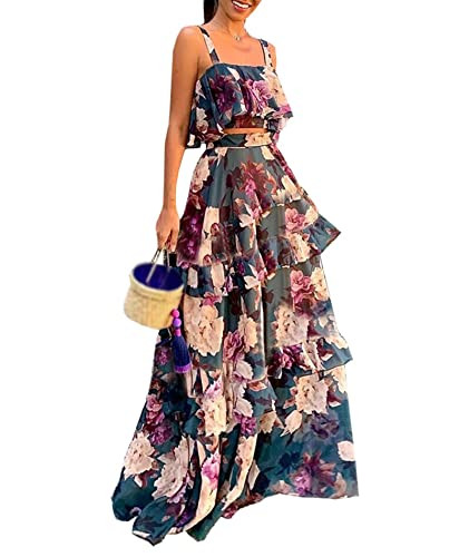 SOMTHRON Women's Summer 2 Piece Outfits Floral Print Strap Crop Tops Tiered Ruffle Skirt Sets Max... | Amazon (US)