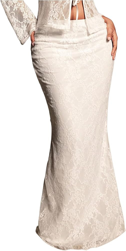 Verdusa Women's Floral Lace Fishtail Bodycon Skirt Fairycore Low Rise Maxi Skirts | Amazon (US)