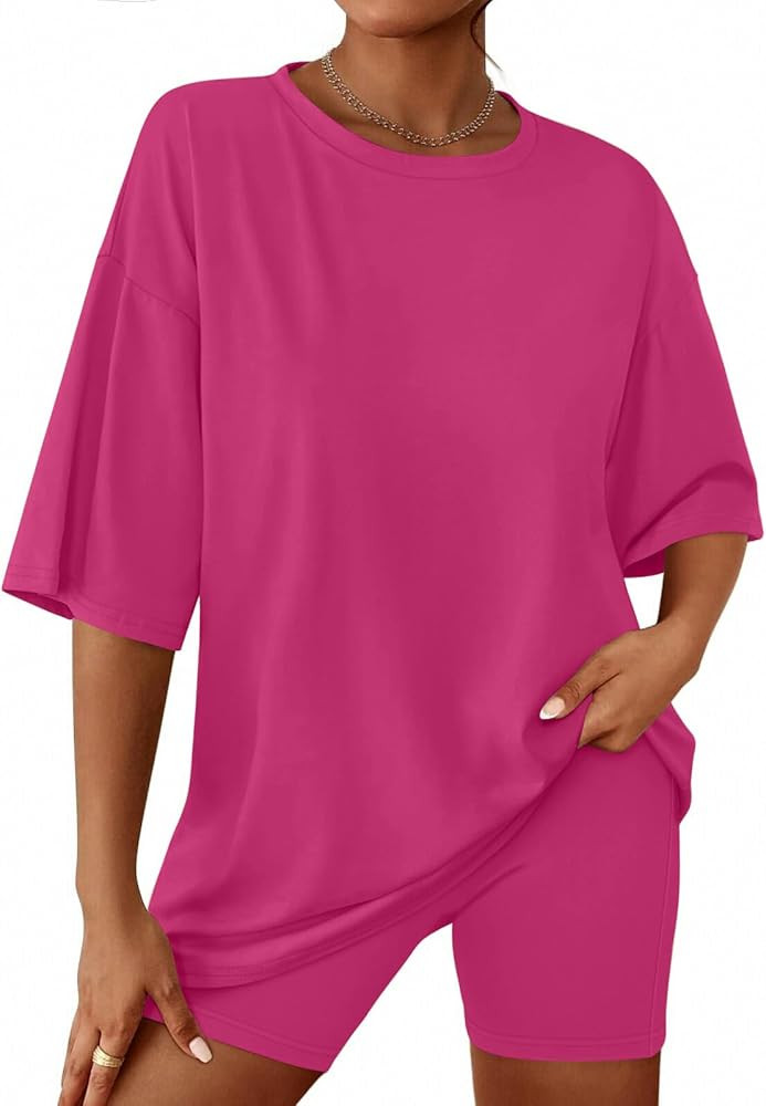 Ekouaer Women 2 Piece Lounge Sets Moisture Wicking Summer Outfits 2026 Oversized T-Shirt and Bike... | Amazon (US)