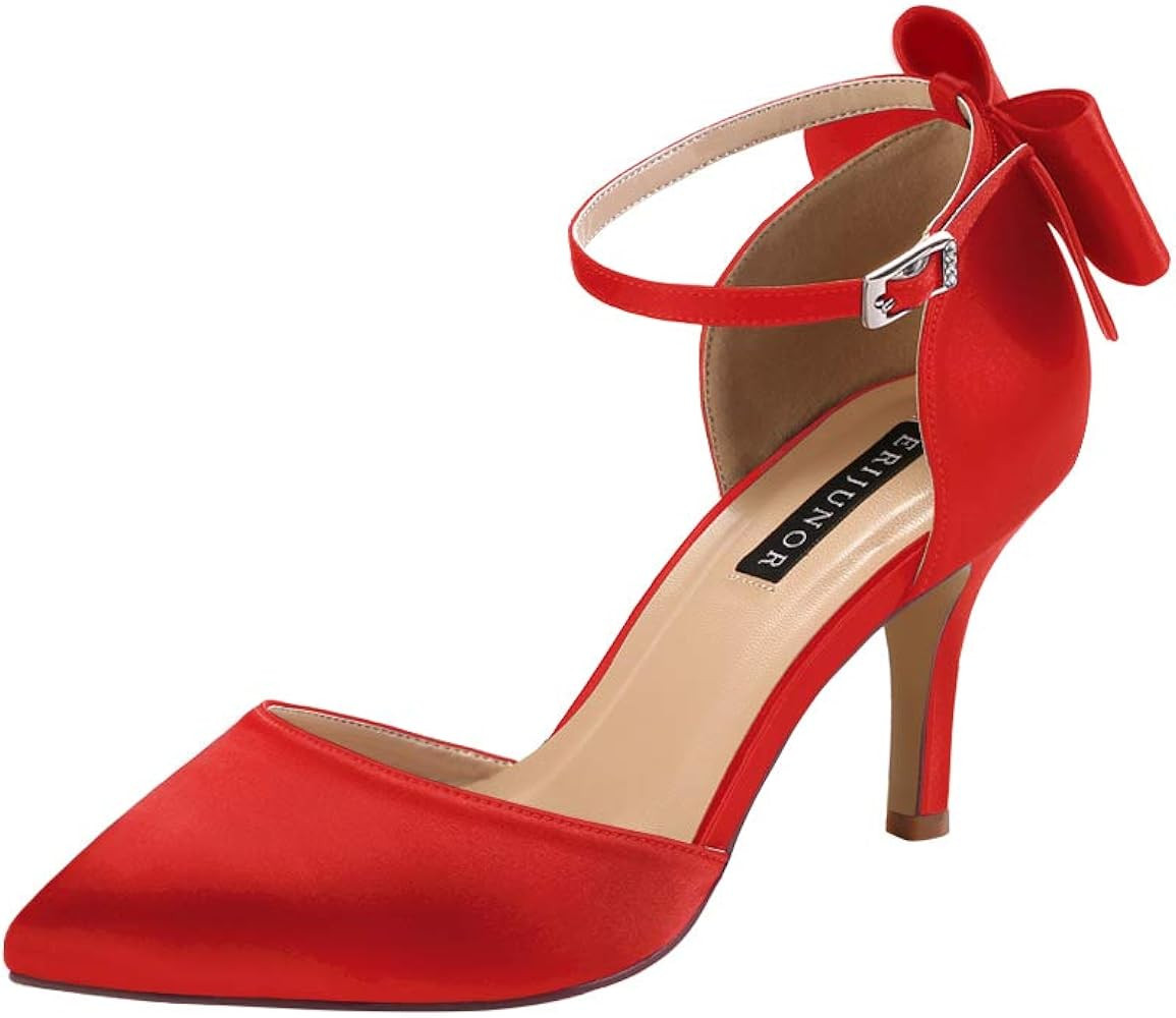 ERIJUNOR Wedding Evening Party Shoes Comfortable Mid Heels Pumps with Bow Knot Ankle Strap Wide W... | Amazon (US)
