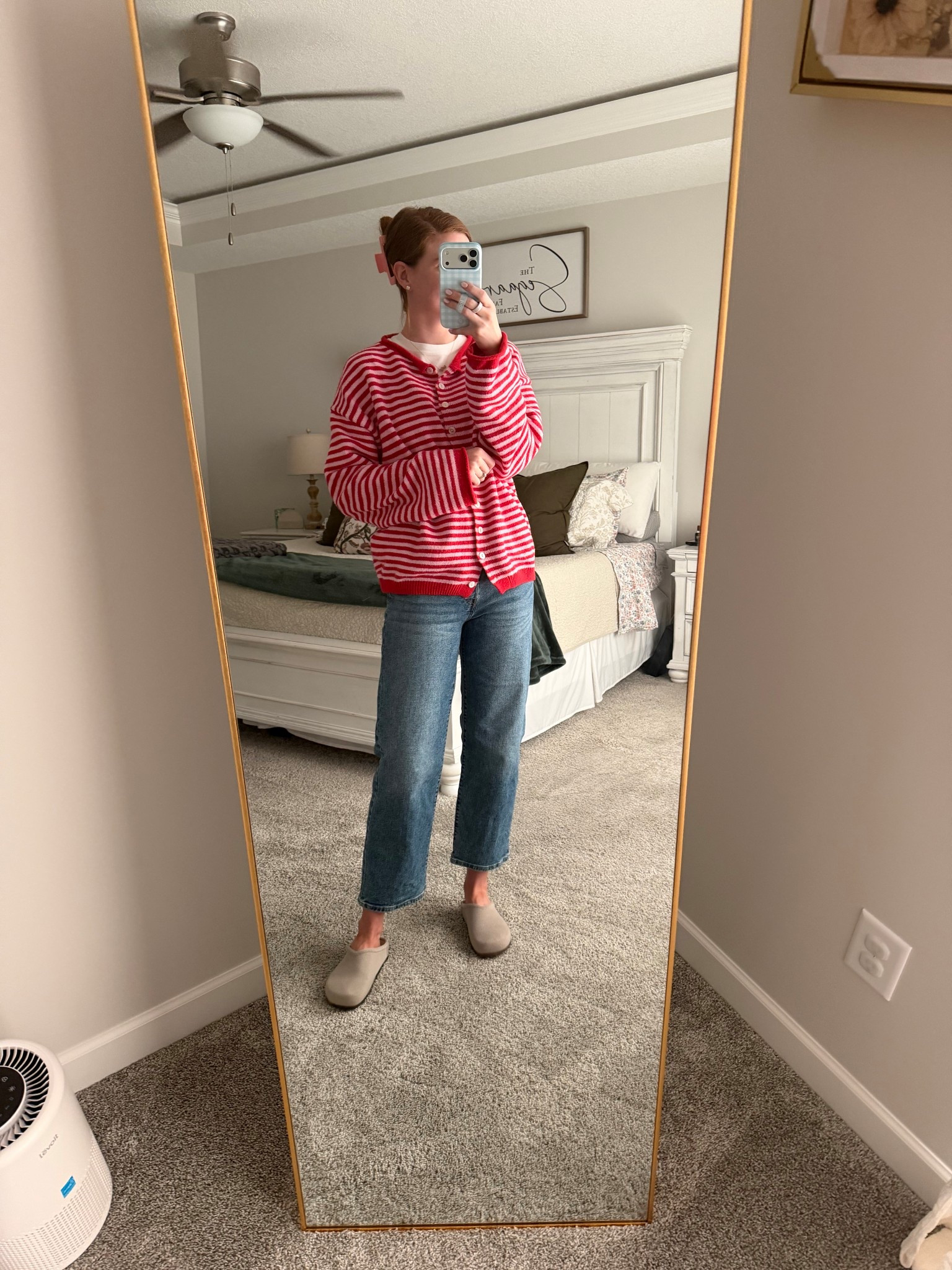 Cold spring morning outfit for errands as a mom! Rothy’s. Stripped sweater outfit  
