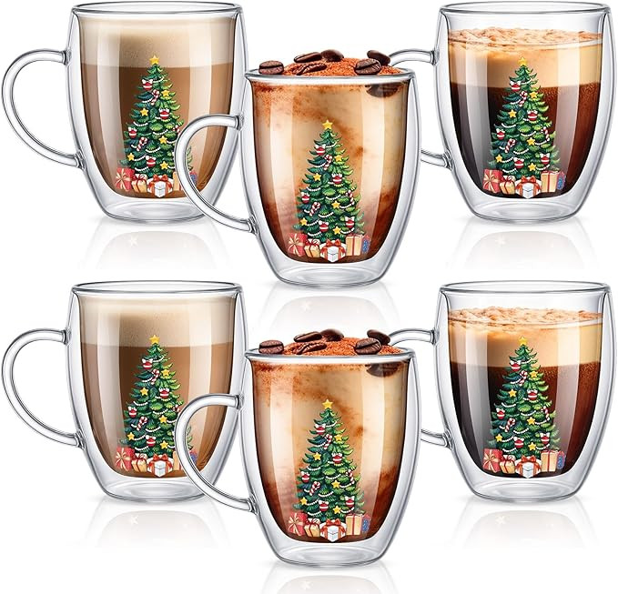 Sliner 6 Pack Christmas Glass Coffee Mugs with Handle 12 oz Green Christmas Tree Clear Insulated ... | Amazon (US)