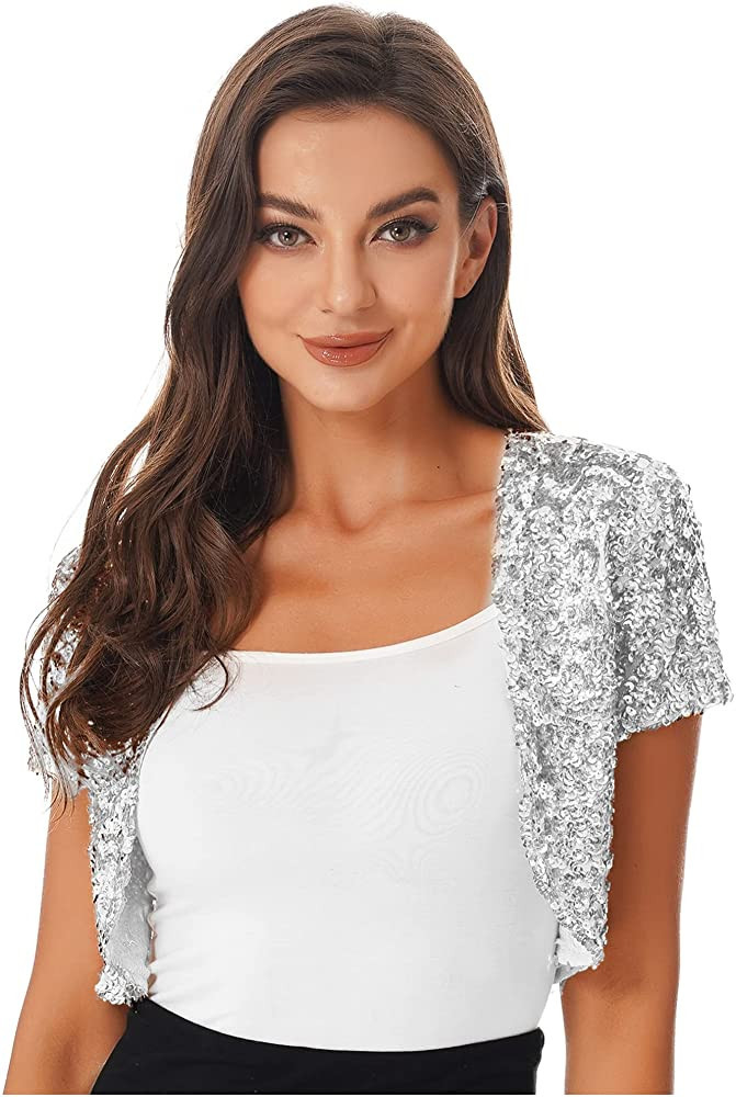 FEESHOW Women's Shiny Sequin Jacket Short Sleeve Open Front Cardigan Jacket Bolero Shrug Coat Top... | Amazon (US)