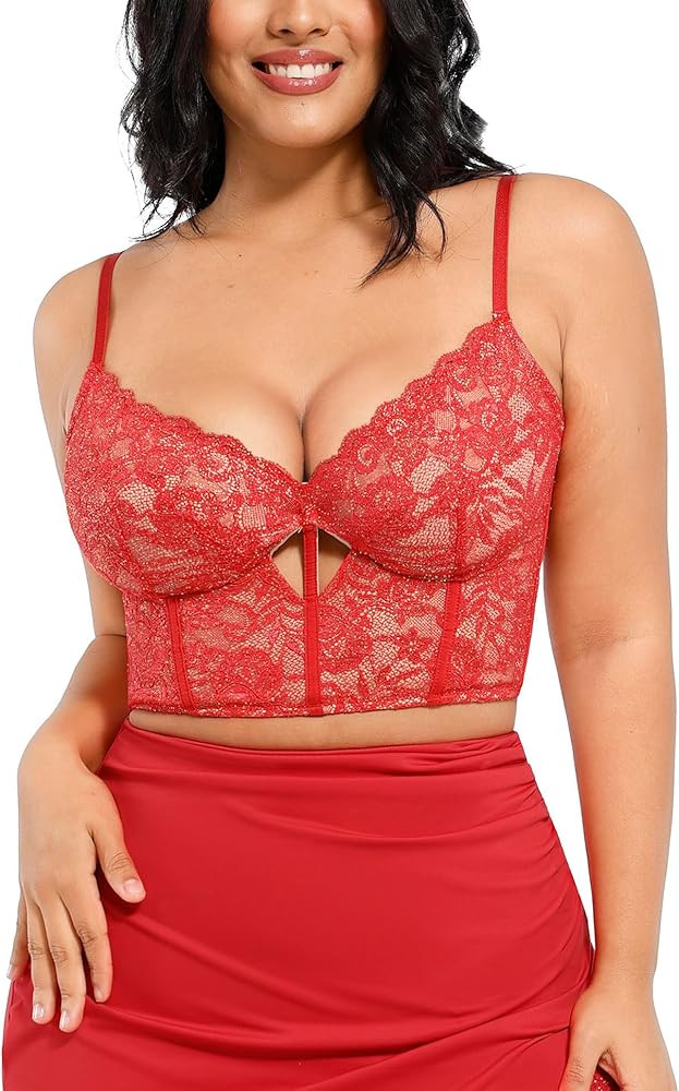 Popilush Bustier Corset Crop Tops for Women V Neck Lace Bralette with Underwired Racerback Adjust... | Amazon (US)