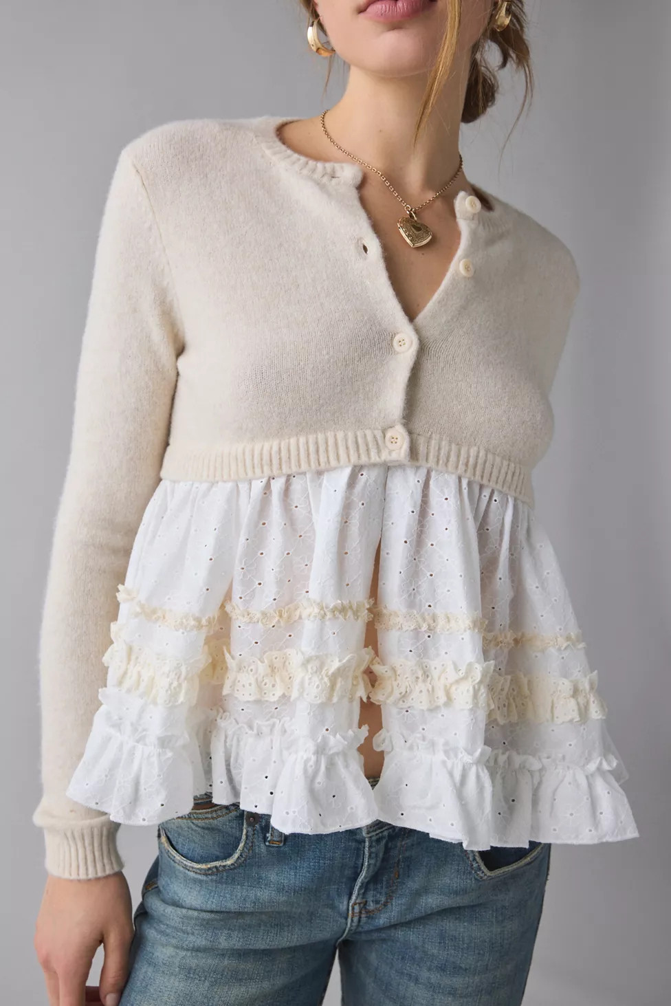 Kimchi Blue Monical Mixed Media Ruffle Peplum Cardigan | Urban Outfitters (US and RoW)