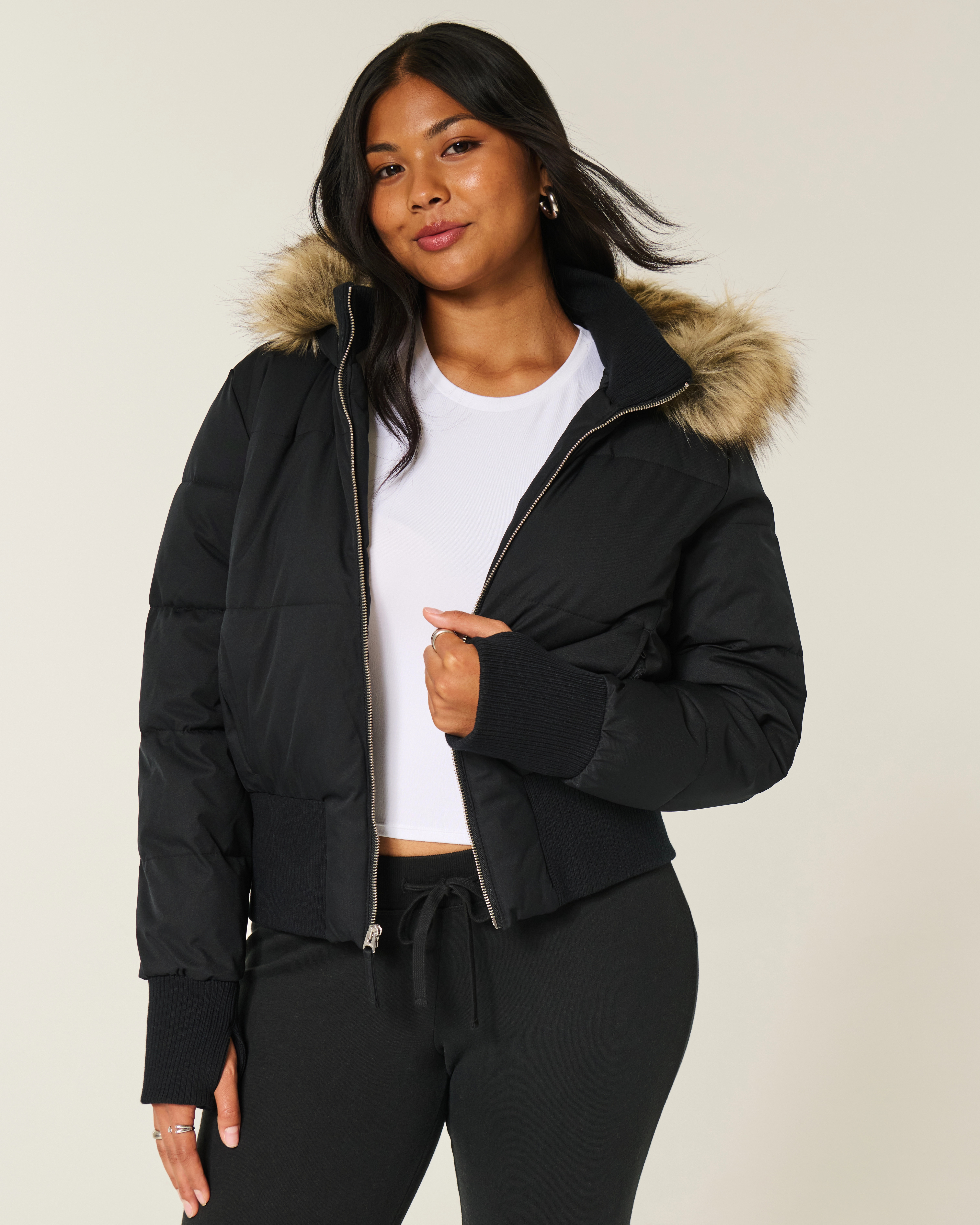 Faux Fur Trim Puffer Bomber Jacket | Hollister (US)