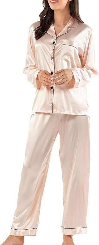 Women Silk Pajamas Set Long Sleeve Ladies Satin PJ Sets Button-Down Pajama Sleepwear Loungewear S... | Amazon (US)