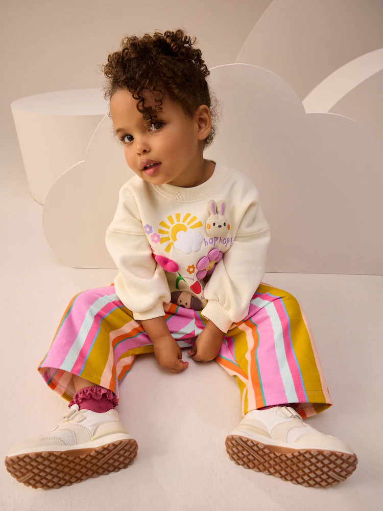 Cream Stripe Padded Characters Sweatshirt and Barrel Leg Joggers Set (3mths-7yrs) | Next US