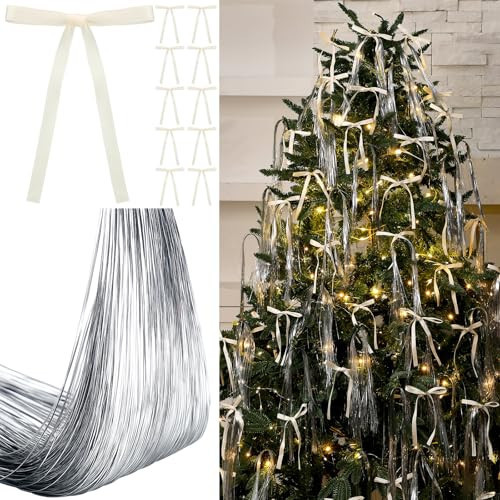 Dingion 100 Pcs Bow Christmas Tree Ornaments Christmas Bow Icicles Tinsel Set with 10000 Strands Silver Icicles Tinsel Xmas Foil Fringe Strands Decor for Holiday Party Wedding (Cream,Ribbon) | Amazon (US)