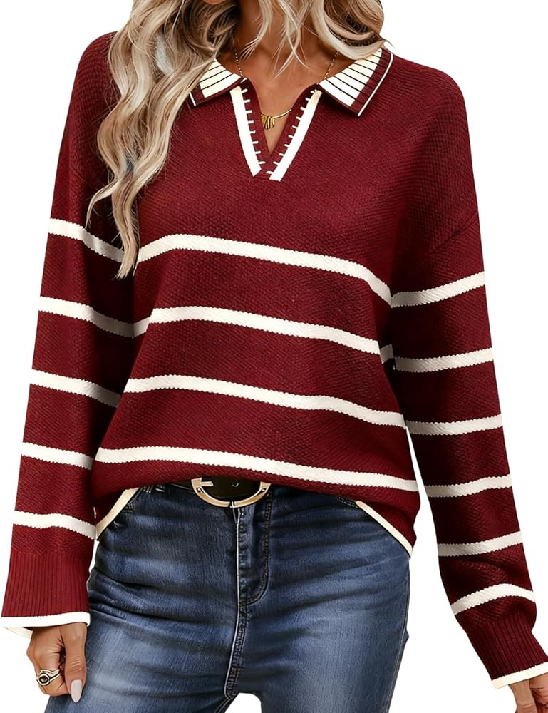 Women's Polo Sweater Long Sleeve V Neck Striped Collared Pullover Fall Sweater Tops 2025 | Amazon (US)