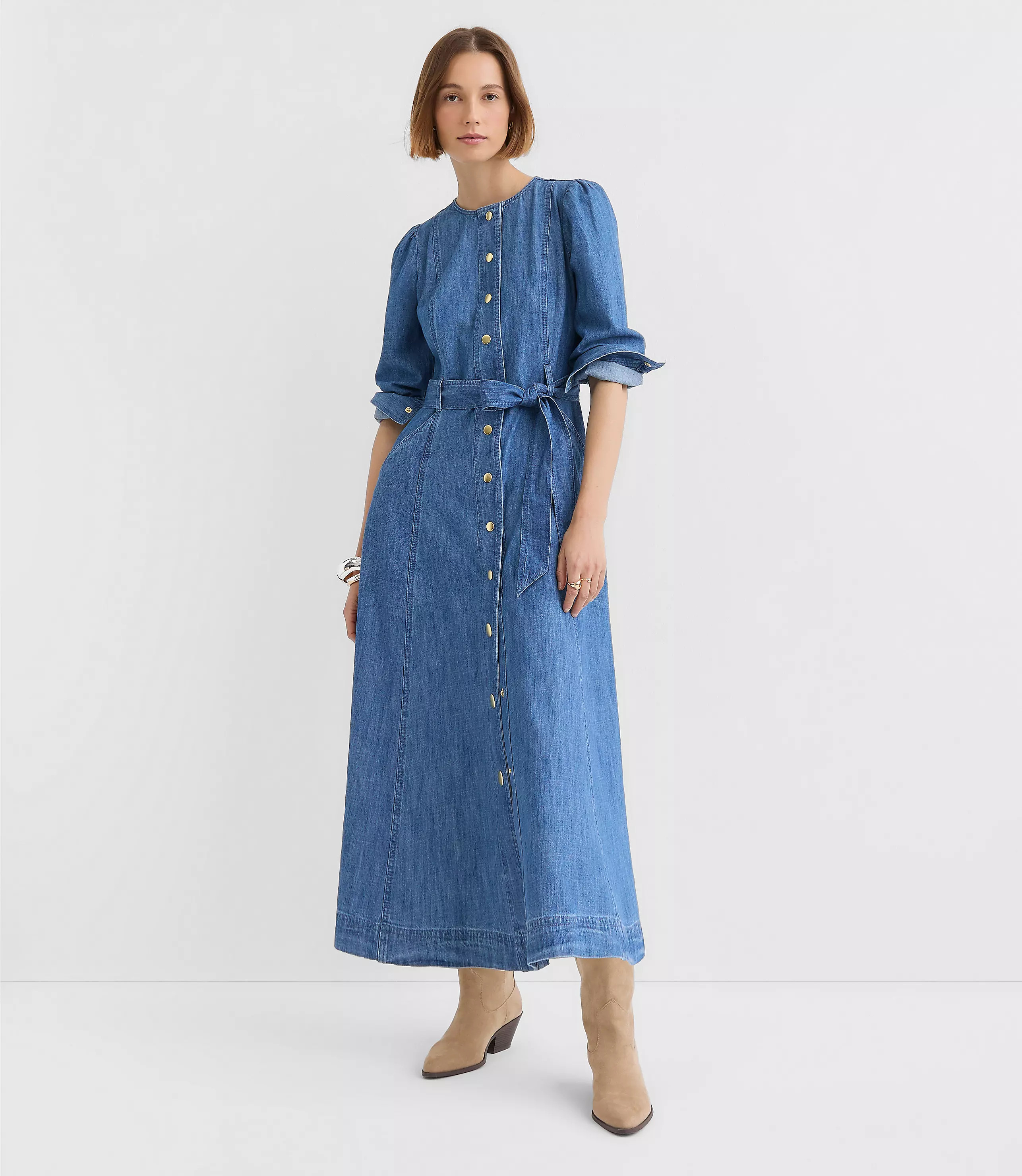 Chambray Balloon Sleeve Midi Pocket Dress | LOFT