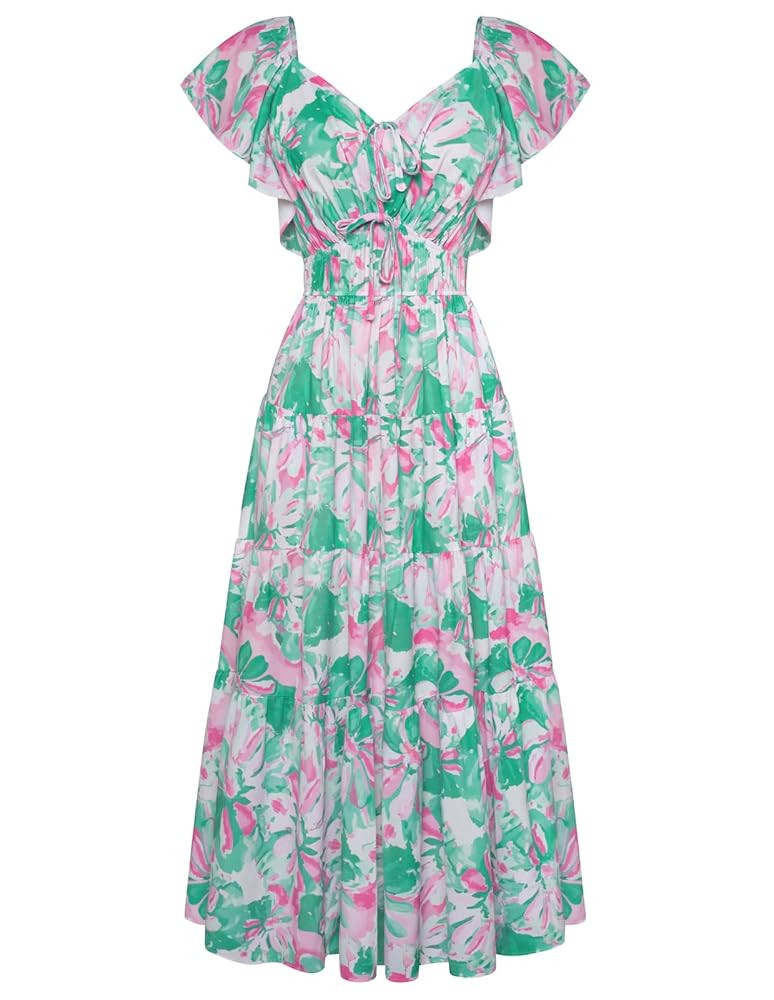 GRACE KARIN Womens 2025 Floral Summer V-Neck Ruffle Sleeve Empire Waist A-Line Casual Maxi Tiered... | Amazon (US)