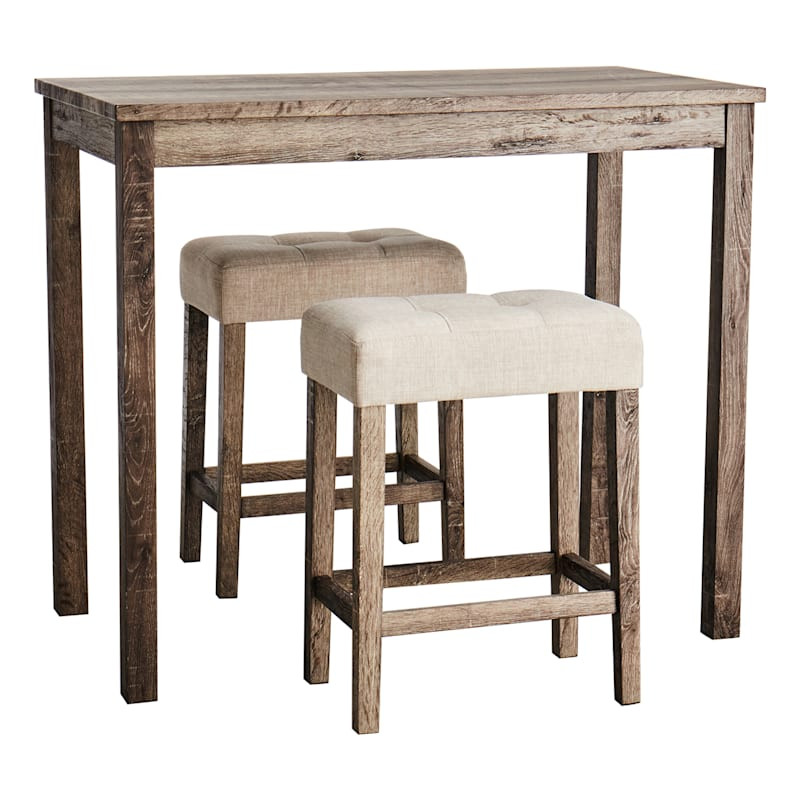 3-Piece Oak Lawn Table Set with Ivory Upholstered Counter Stools, 42" | At Home