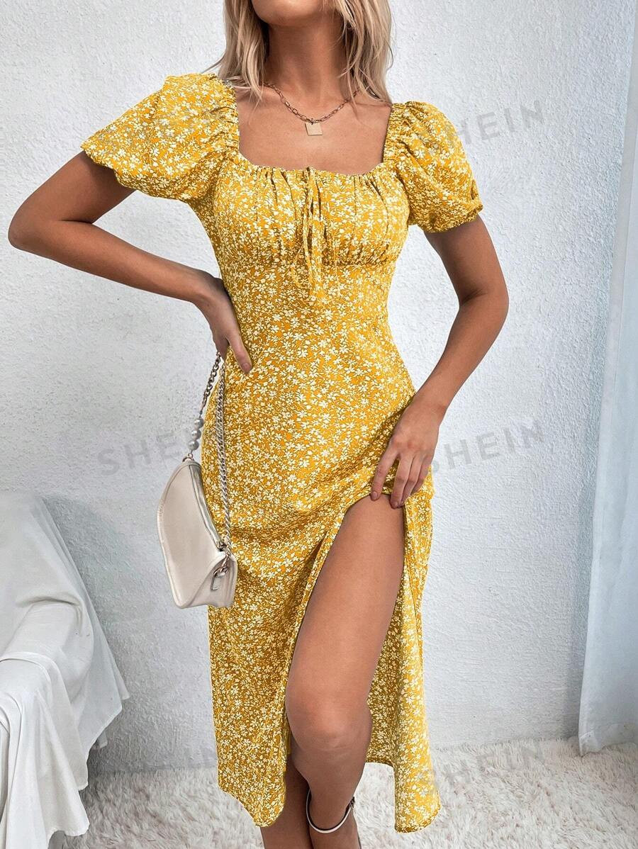 SHEIN Frenchy Ditsy Floral Print Knot Front Split Thigh Dress | SHEIN