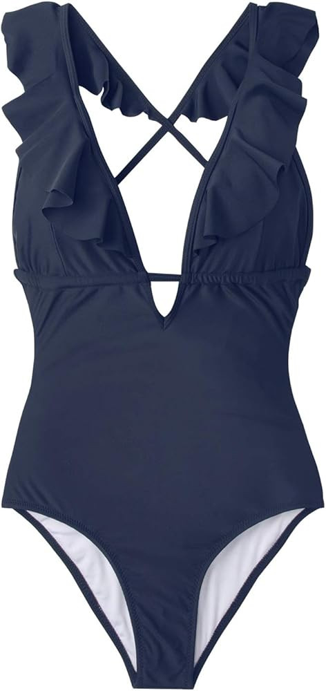 CUPSHE Women's One Piece Swimsuit Ruffle Deep V Neck Strappy Swimwear Bathing Suits | Amazon (US)